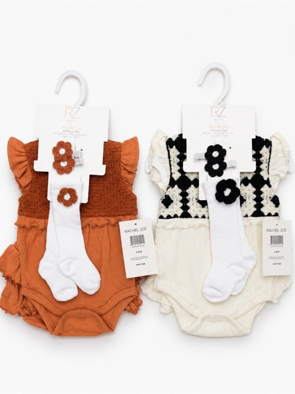 NEW - 2 Set Bundle Rachel Zoe 3/6 month Rompers w Floral Tights & Hair Clips